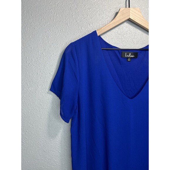 Lulu's Freestyle Blue Shift Dress Size Large Short Sleeve V-Neck Chiffon - Picture 6 of 7